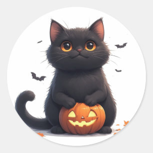 Adesivo Redondo Gatinho Preto Fofo Tema Mágico de Halloween 🎃