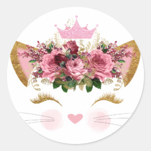 Adesivo Redondo Gatinho Rosa bonito Coroa Cor-de-Rosa Rosa