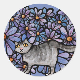 Adesivo Redondo Gatinho Roxo Margaridas Cinza Arte de Gato Cinza