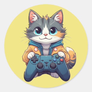 Adesivo Redondo Gatinho Segurando Controle de Jogo Sorriso Gamer G