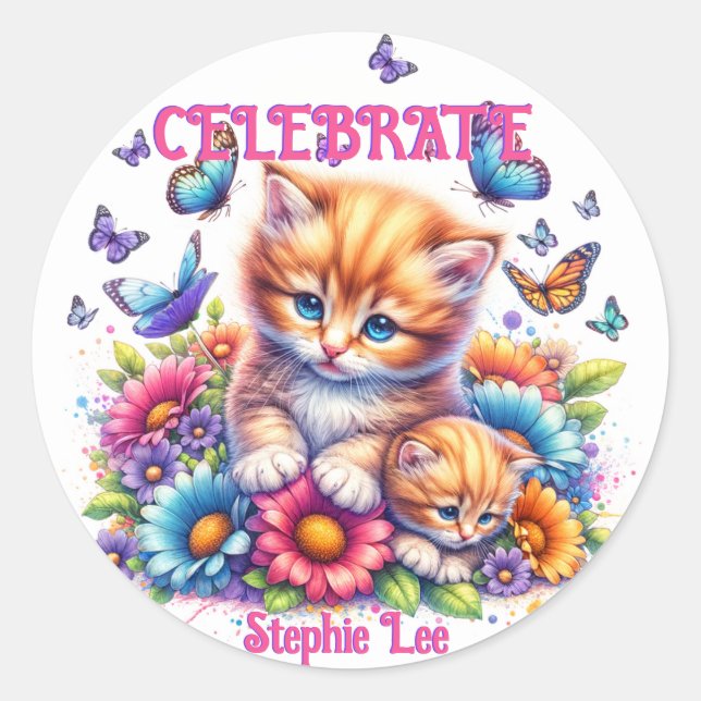 Adesivo Redondo Gatinhos, Borboletas e Flores (Frente)