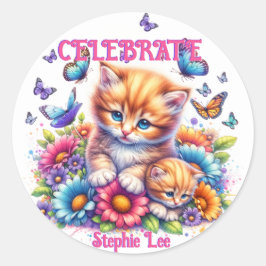 Adesivo Redondo Gatinhos, Borboletas e Flores