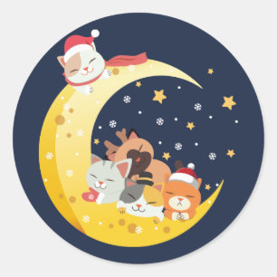 Adesivo Redondo Gatinhos de Natal Gatos Espaço da Lua Estrelas de