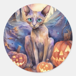 Adesivo Redondo Gato Abissino Do Halloween Com Pumpkins Assustado