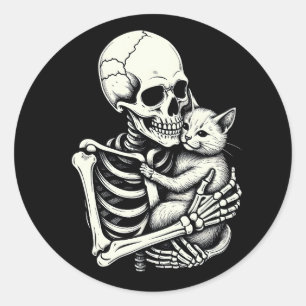 Adesivo Redondo Gato Abraçando Esqueleto Feliz Dia das Bruxas Aman