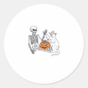 Adesivo Redondo Gato abre Halloween Engraçado Esqueleto e Gato Pre