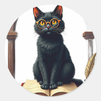 Adesivo Redondo Gato Acadêmico Sombrio - Leitura na Biblioteca Gót