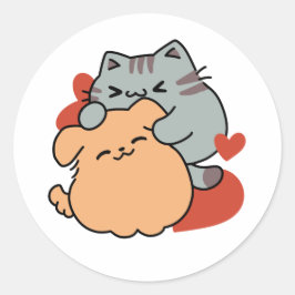 Adesivo Redondo Gato Adorável e Cachorro Abraço - Meow & Woof Desi