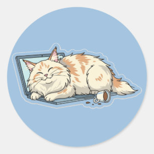 Adesivo Redondo Gato Adormecido e Aconchegante no Laptop Amante