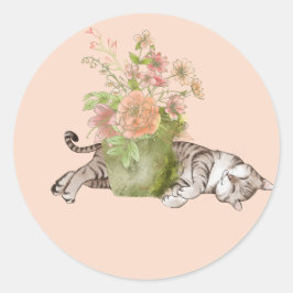 Adesivo Redondo Gato Adormecido no Jardim Rosa e Verde