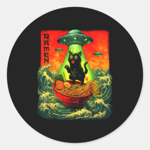 Adesivo Redondo Gato Alien Ramen Ufo Japonês Arte Retro Presentes