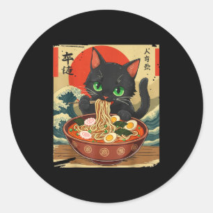 Adesivo Redondo Gato Anime Comendo Ramen Arte Japonês Gráfico Gato
