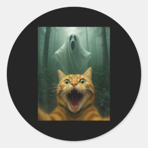 Adesivo Redondo Gato Assustado Selfie Com Fantasma _ Roupa Engraça
