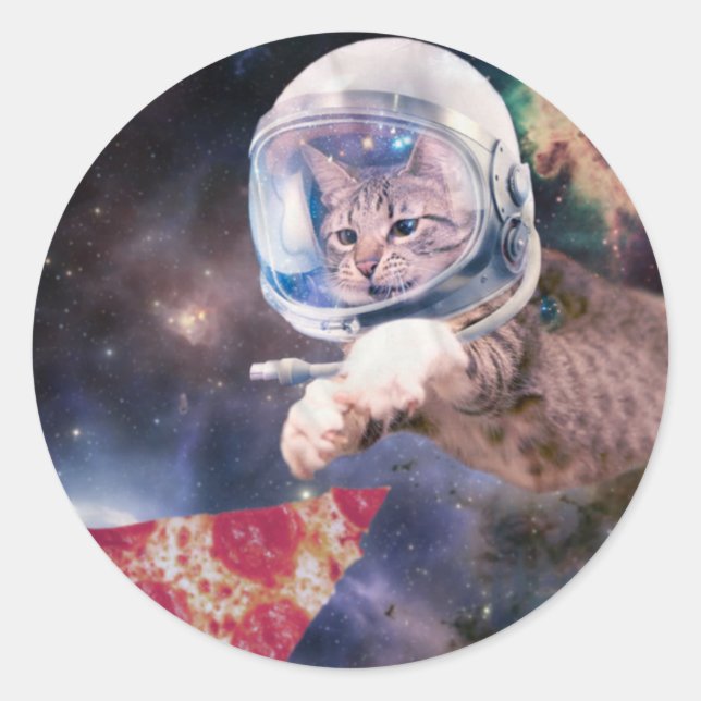 Adesivo Redondo Gato astronauta caçando uma fatia de pizza (Frente)