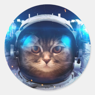 Adesivo Redondo Gato astronauta flutua acima da Terra