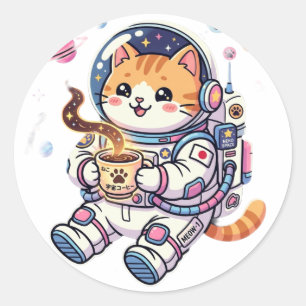 Adesivo Redondo Gato Astronauta Fofo Bebendo Café Clássico Redondo