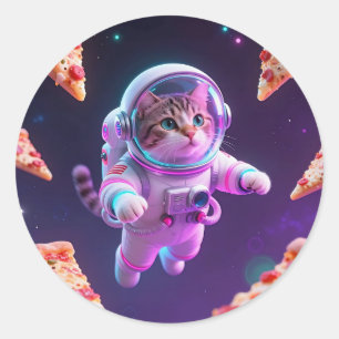 Adesivo Redondo Gato Astronauta Fofo Flutuando Pizza Aventura Espa