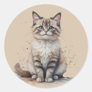 Adesivo Redondo Gato Atigrado Fofinho de Cabelo Comprido Animal Pe