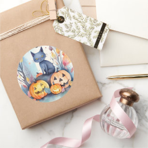 Adesivo Redondo Gato Azul Oriental Halloween Com Pumpkins Assustad