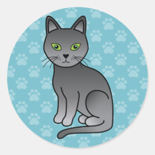 Adesivo Redondo Gato Azul Russo Com Olhos Verdes Sentado