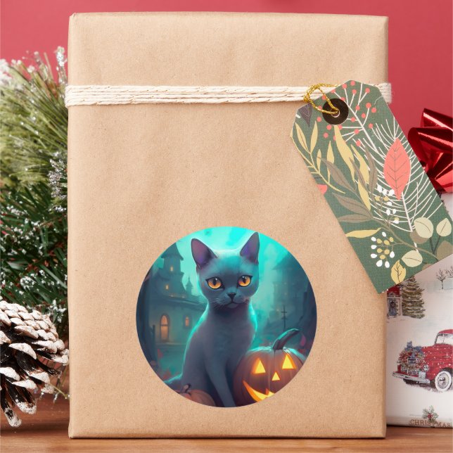 Adesivo Redondo Gato Azul Russo Halloween Com Pumpkins Assustado (Feriado)