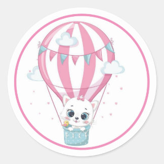Adesivo Redondo Gato bebê num balão cor-de-rosa