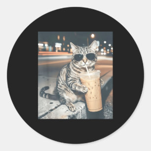 Adesivo Redondo Gato bebendo café gelado meme engraçado de animal