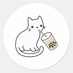 Adesivo Redondo Gato Bebendo Chá de Leite Boba Bobalologia Capuz