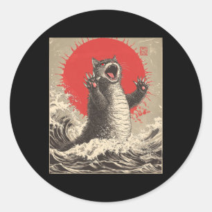 Adesivo Redondo Gato Bonito Catzilla Cat Arte Japonesa Engraçado G