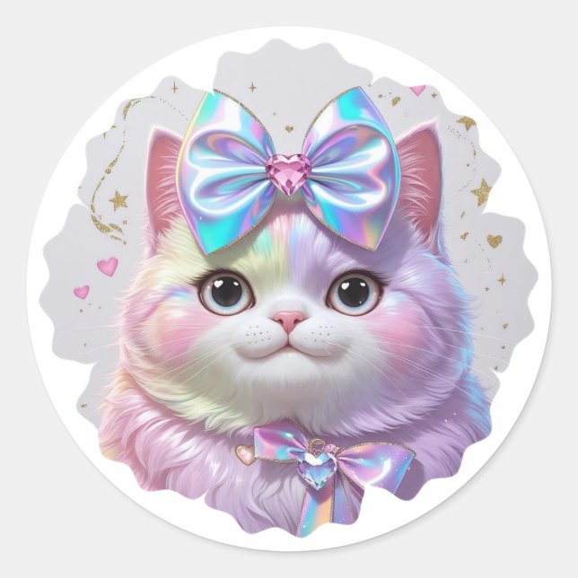 Adesivo Redondo Gato Bonito com arco iridescente (Frente)