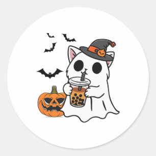 Adesivo Redondo Gato Bonito De Halloween No Fantasma Bebendo Boba