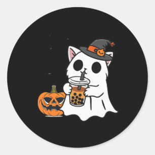 Adesivo Redondo Gato Bonito De Halloween No Fantasma Bebendo Boba