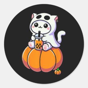Adesivo Redondo Gato Bonito De Halloween No Fantasma Bebendo Boba