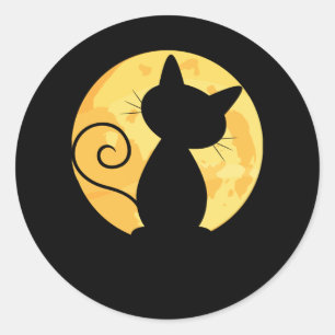 Adesivo Redondo Gato Bonito De Silhueta Cheia De Lua Engraçada
