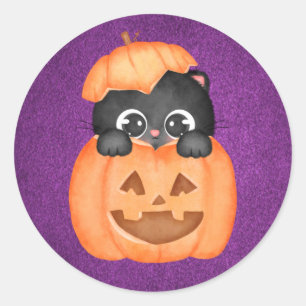 Adesivo Redondo Gato Bonito num Halloween Pumpkin Roxo