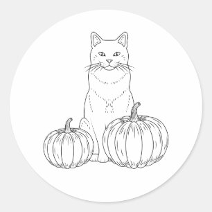 Adesivo Redondo Gato Bonito Sentado Com Pumpkins Autumn Line Art