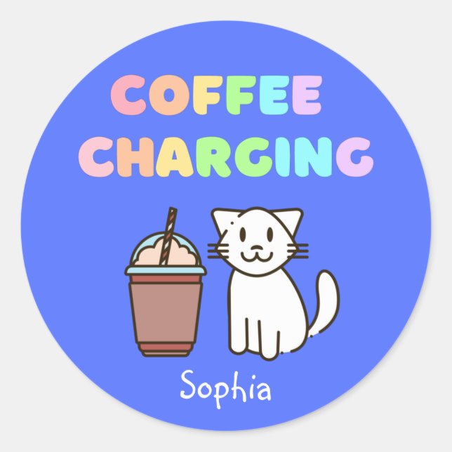 Adesivo Redondo Gato Branco Bonito e Engraçado Café Cafeína Rainbo (Frente)