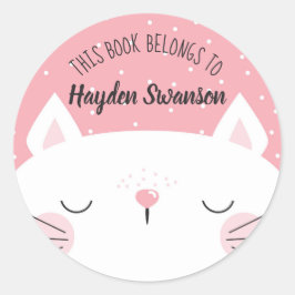 Adesivo Redondo Gato Branco e Rosa | Este Livro Pertence A