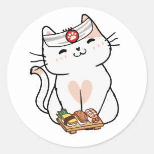 Adesivo Redondo Gato branco engraçado é um chef de sushi