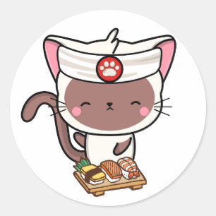 Adesivo Redondo Gato branco engraçado é um chef de sushi