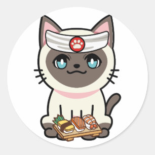 Adesivo Redondo Gato branco engraçado é um chef de sushi
