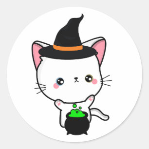 Adesivo Redondo Gato branco engraçado é uma bruxa