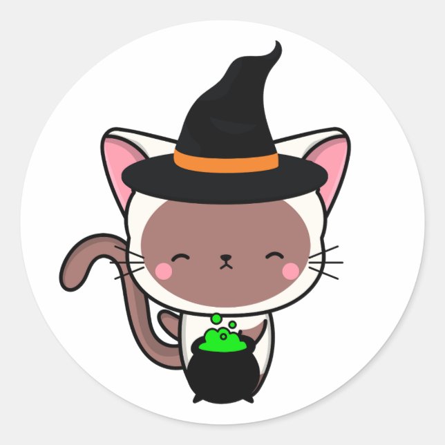 Adesivo Redondo Gato branco engraçado é uma bruxa (Frente)