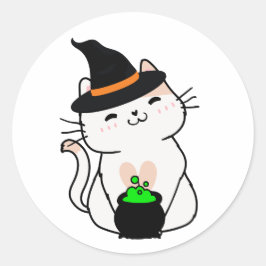 Adesivo Redondo Gato branco engraçado é uma bruxa