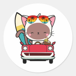 Adesivo Redondo Gato branco engraçado está dirigindo para a praia