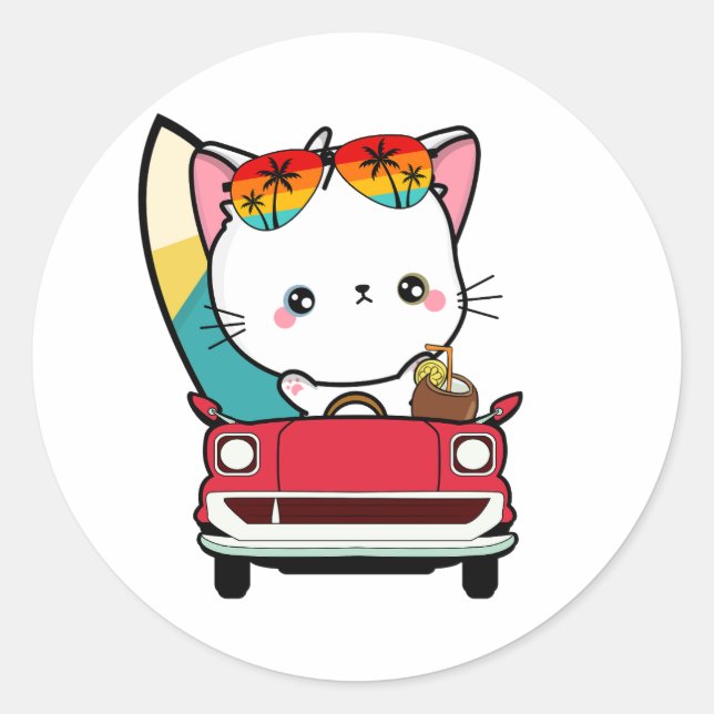 Adesivo Redondo Gato branco engraçado está dirigindo para a praia (Frente)