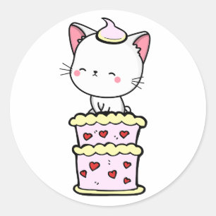 Adesivo Redondo Gato branco engraçado pulando de um bolo