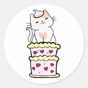 Adesivo Redondo Gato branco engraçado pulando de um bolo
