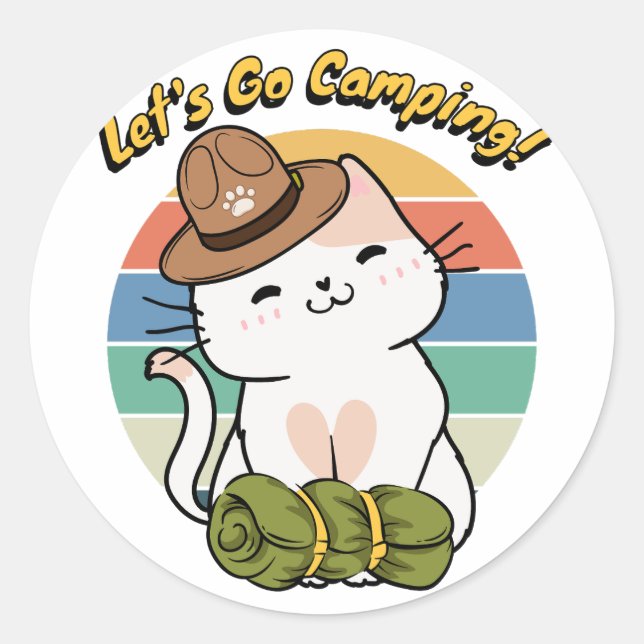 Adesivo Redondo Gato branco engraçado quer ir acampar (Frente)