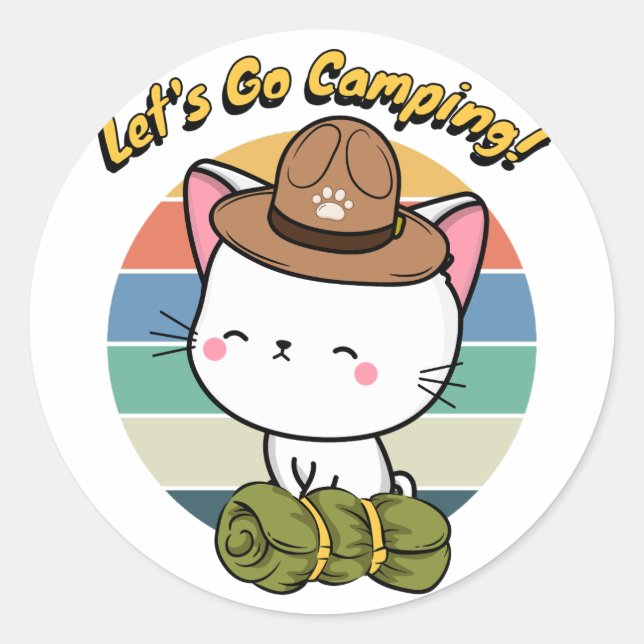 Adesivo Redondo Gato branco engraçado quer ir acampar (Frente)